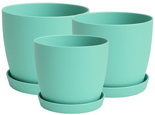 Home Garden Ornaments Blumentopf & Übertopf Kunststoff Mit Untersetzer, Matt, Ohne Ablaufloch, 14/16/18 cm (Grün)