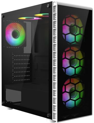 CiT Raider White Mid-Tower PC Gaming Case ATX with 2 x Tempered Glass Panels - 70% Tint Tempered Glass with 6 x Infinity 120mm ARGB Inner-Ring Fans & 6-Port Hub Included