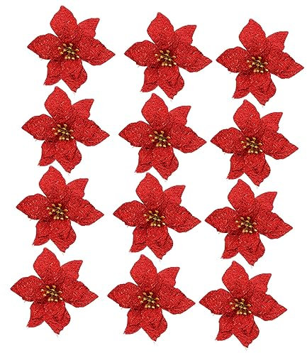 TOPBATHY 12 Stück Weihnachtsblumen Aus Kunstfasern Weihnachtsbaumdekoration Party Zubehör Rot Langlebig Zum Aufhängen An Baum Tür Und Fenster