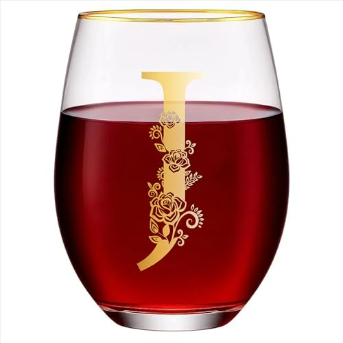 Unique Stemless Floral Monogram Wine Glass Engraved-Initial Wine Cup for Red or White 15oz Wine Glass Cup Letter J- Gifts for Women Men Birthday Christmas Gifts Wedding Bridesmaid Proposal