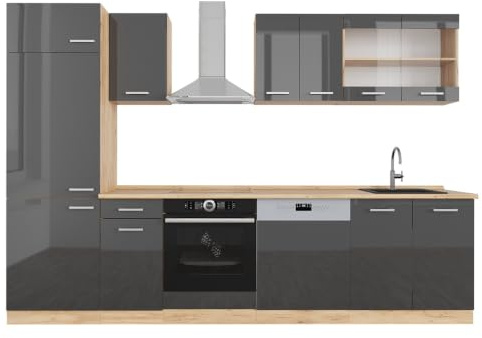 Vicco Küchenzeile R-Line, Anthrazit Hochglanz/Goldkraft Eiche, 300 cm | 8 Module · Höhenverstellbare Füße · AP Eiche inkl. · Robuste Fronten · Mit Kühlschrankumbauschrank · Frei kombinierbar
