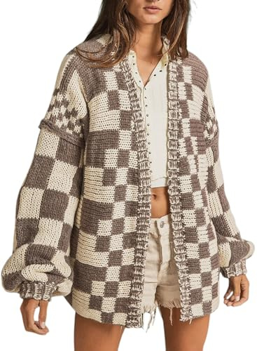 SELINK Damen Cardigan Pullover Vintage Open Front Mixed Kariert Muster Grobstrick Plaid Langarm Täglich Outwear, Kaffee, X-Large