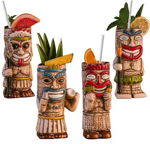 Vinbcorw Lot de 4 Tasses à Cocktail Tiki – Tasse givrée Exotique avec 4 pailles, Tiki Party Creative Cocktail Glass Drinks Bar Drinkware Premium Tropical Exotic Cute Barware,A5