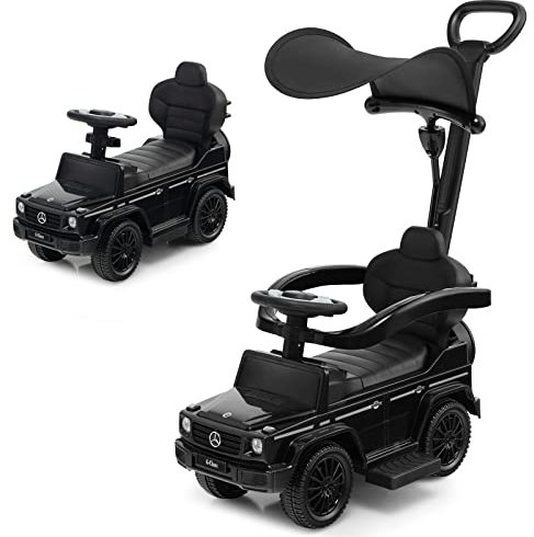 COSTWAY Mercedes Benz Rutschauto, 3 in 1 Rutscher Auto mit Sonnendach & Stauraum & abnehmbaren Schutzbügel & Schiebestange, Rutschfahrzeug mit Motorsound & Hupe, für Kinder ab 1 Jahr (Schwarz)