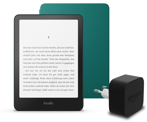 Den neuesten Kindle Paperwhite (2024 Release) 16 GB mit Werbung, eine Amazon Plant-basierte Hülle und ein Amazon Powerfast 9W-Netzteil.