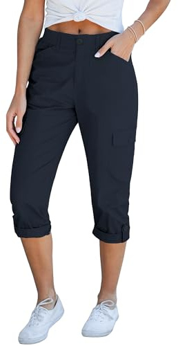 Roskiky Cargo Capri - Pantalones capri para mujer, cintura alta, corte relajado, cintura elástica, pantalones capri informales, azul marino, XXL