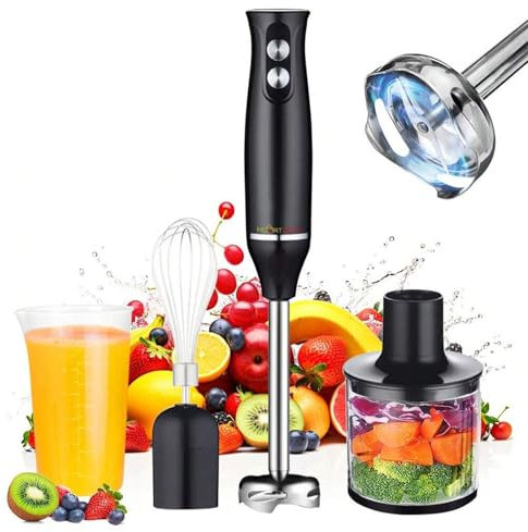Batidora de mano, picadora de carne eléctrica, procesador de alimentos multifunción 4 en 1, ajustable a 2 velocidades, con un tazón picadora de 500 ml y un vaso dosificador de 700 ml, para exprimir,