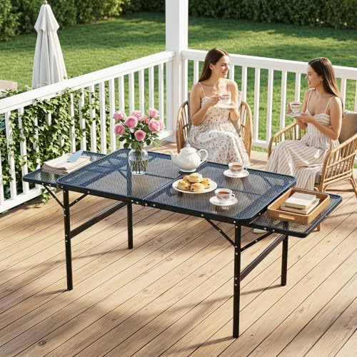 YRHome 90x60cm Campingtisch Klappbar Beistelltisch Outdoor Gartentisch mit Metallgitterplatte Grilltisch Klapptisch Verstellbare Höhe & Breite, Tragegriff Kleiner Tisch für Picknick (bis 134x60 cm)