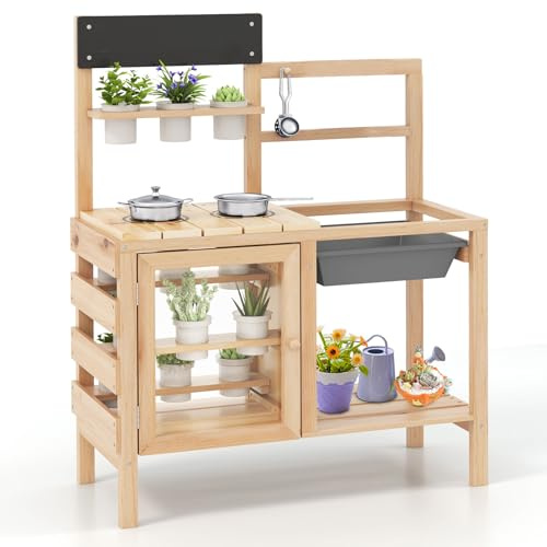 COSTWAY Mud Kitchen, Wooden Pretend Kids Play Kitchen Playset with Removable Sink, Chalkboard, Plants Observation Room & Kitchenware, Outdoor Potting Bench for Boys Girls Ages 3+
