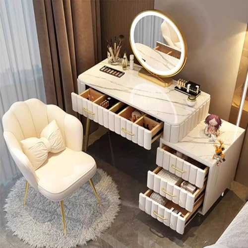 MiaJJooLi Set da Toeletta, Camera da Letto con Sedia LED Illuminazione Specchio Tavolo Cosmetico, Toelettatura Ripiani con Armadio Laterale, 5 Cassetti per Figlia e Donna