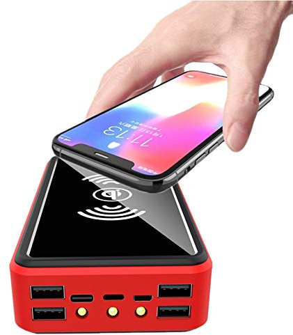 Chargeur Solaire Portable 100 000 mAh, 5 Sorties, Batterie Externe Solaire sans Fil avec Lampe de Poche LED, Chargeur Solaire pour iPhone, Samsung Galaxy, Android, etc., Rouge