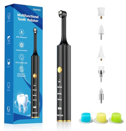 Tooth Polisher, Tooth Clean and whitening kit, 5 Multi -Function Brush Heads and LED Lights, 4 Speed Modes, and IPX6 Waterproof, Handsel 3 Tooth Polish Paste