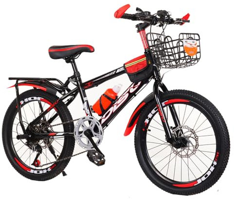 VHVYWY VTT Léger 18/20/22/24 Pouces pour Adultes et Enfants, Vélo Pliable à 7 Vitesses avec Variateur, Vélo de Ville avec Feu Arrière et Panier de Voiture(Size:18in,Color:Rouge)