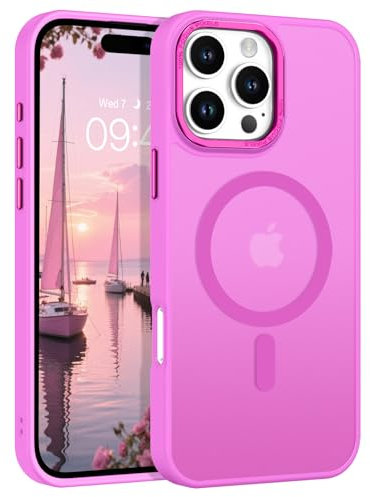 Telaso Coque iPhone 16 Pro, compatible avec MagSafe, étui translucide mat arrière, protection fine antichoc anti-empreintes digitales, résistant aux rayures, téléphone portable, rose fuchsia