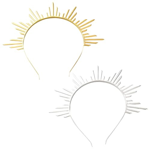 CABODYALS 2 pièce Couronne de Halo de Déesse du Soleil Dorée et Argentée Serre Tête Céleste avec Fermeture Éclair et Pointes Accessoire de Coiffure pour Femme Mariage Halloween