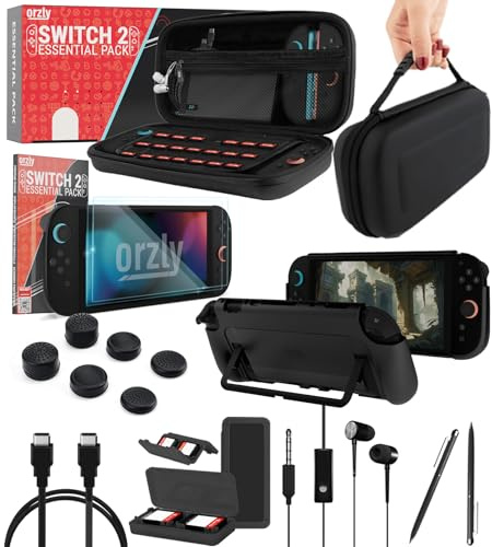 Orzly Switch 2 Accessories Bundle – Case & Screen Protector for Nintendo Switch 2 (2025) Console, Charge Cable, Game Holder, Comfort Grip Case, Headphones & More – Gift Box Edition
