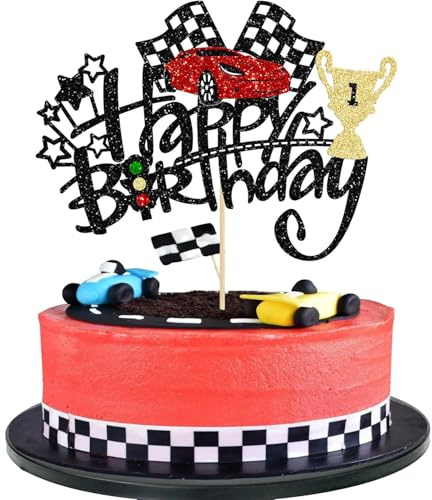 VGRDTW Car Cake Topper, Racing Cake Topper, Vintage Race Car Decorations, Large Chequered Flag Cupcake Toppers for Race Car Birthday Party Decorations