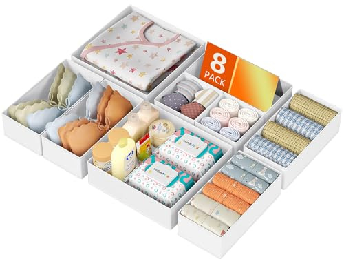DIMJ Organizer Per Cassetti, Divisori Per Cassetti in Tessuto, Organizzatore Armadio Scatola Pieghevole Salvaspazio Per Vestiti, Calze, Cravatte, 8 Pezzi, Bianco