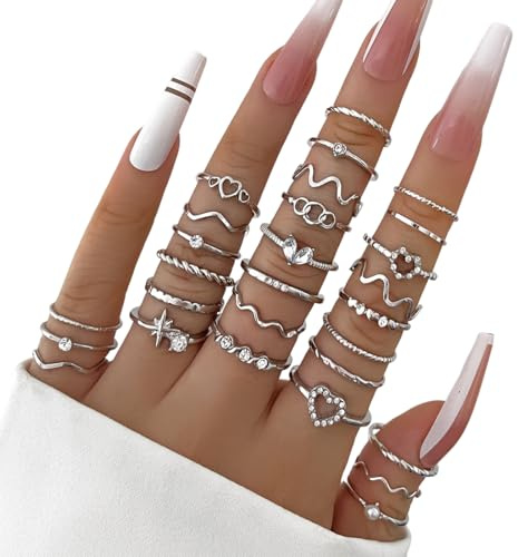 XPEX Juego de 28 anillos de acero inoxidable para mujer, anillos apilables bohemios minimalistas abiertos, anillos ajustables para los nudillos de plata, anillos para mujer