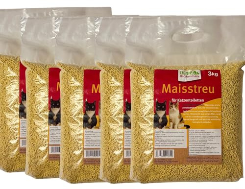 Maisstreu 15 kg (5 Säche je 3 kg), 40 L Mais-Katzenstreu – 100% natürlich & biologisch abbaubar – klumpend, staubfrei & geruchsneutral – nachhaltige Katzenstreu aus Maisfasern.