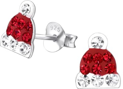 Monkimau Cappellino di Natale Bambini e bambine, Orecchini, orecchini a bottone, gioielli per orecchie, in argento sterling 925, ipoallergenico e privo di nichel, con 20 cristalli