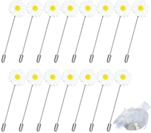 PH PandaHall 12 broches de margaritas con aguja de flor de 8,2 cm, broche floral de resina opaca para traje, camisa, pin largo de solapa, alfileres flexibles y flexibles para corbata, sombrero