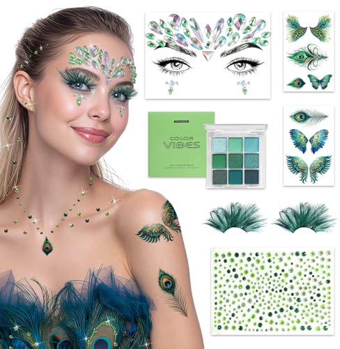 Pfau Kostüm Damen, Karneval Kostüm Schminke Accessoires mit Wimpern Pfau, Gesichtstattoo, Lidschatten Grün, 2 Pfau Tattoo und Grün Glitzer Sticker, Fasching, Karneval, Mottoparty Make-up Accessoires
