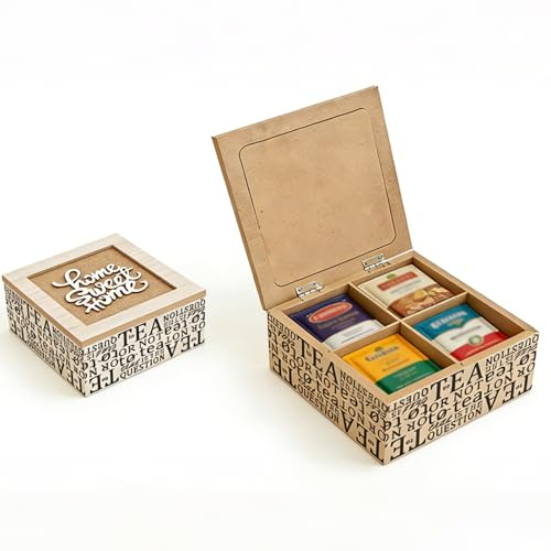 Shuqio Teebox Holz Klein mit 4 Fächern - Vintage Teeboxen für Teebeutel Zucker Kaffeekapsel - Teekasten mit Jute-Deckel - Rustikale Tee Aufbewahrungsbox & Deko für Küche - Geschenkidee zum Einzug