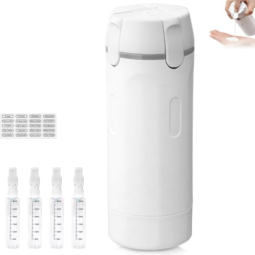 4-i-1 reseflaskdispenser, påfyllningsbara reseflaskor för toalettartiklar | Läckagesäkra resebehållare med skala och etikett, push-down-dispenser för schampo, lotion, balsam och kräm (vit)