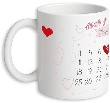 Genérico Taza Personalizada con Nombres y fecha, Diseño calendario con fecha señalada, Blanco y Rosa, Cerámica, Regalo Romántico, parejas, san valentín