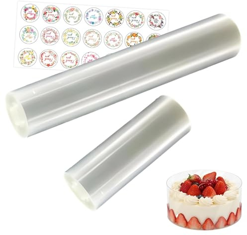 JIUCHAOTONG 2 Rollen Tortenrandfolie, 10cm/20cm×5m Transparent Tortenfolie, Wiederverwendbar, mit 2 Aufklebern, für Cremetorten, Mehrstöckige Torten und DIY Kuchen