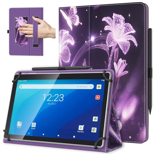 TiMOVO Custodia Universale per Tablet Android 10,1, Fiori su Sfondo Viola | Anello per Penna, Cover Leggera e Pieghevole in Piedi, Cinghia a Mano, Tutti i Tablet Touchscreen da 9,6-11 Pollici