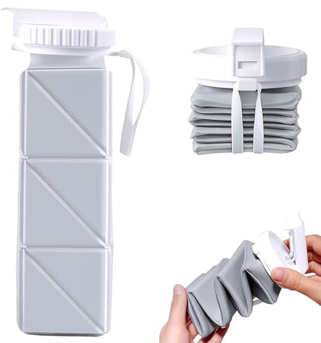 Collapsible Water Bottles 620ml, Reusable Silicone Foldable Travel Water Bottle, BPA-Free Portable Leak Proof for Cycling Gym Camping Hiking Sport, Travel/Voyage Essentials Basics Accessories (Grey)