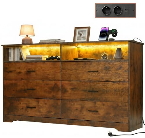 ZZINOKE Kommode mit LED & Steckdosen, 150cm Breite Schubladenschrank mit 2 Offenen Fächern, 6 Schubladen Aufbewahrungsschrank aus Holz für Schlafzimmer, Wohnzimmer, Flur, Vintage braun, 150x40x94,5cm