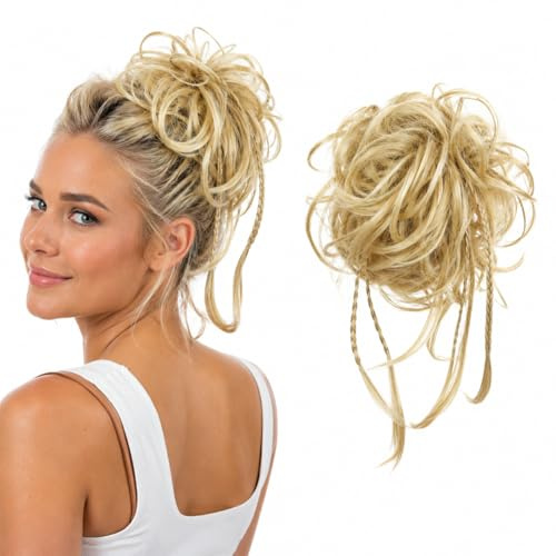 CAISHA XXL Haarteil Haargummi Daisy Dutt Hochsteckfrisuren Mit Geflochtenen Zöpfen Gewellt Kunstfaser Hitzebeständig DM17cm Hellblond G26D