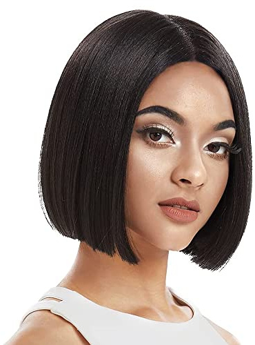 NOBLE Black Bob Wigs for Women Short Straight T Part HD Lace Front Wigs 150% Density Heat Resistant Synthetic Blunt Cut Bob Wigs for Party and Daily Use (10 Inch, Natural Black)