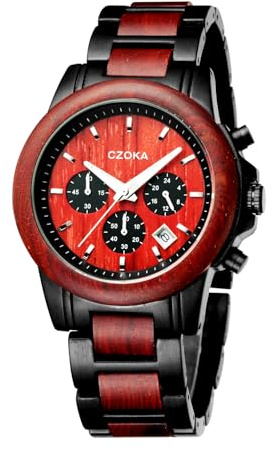 Montre-Bracelet à Quartz analogique, CZOKA 100% Sandalwood/Ebony/Zebra Wood/Mouvement à Quartz Japonais Montres Bracelet réglable en Bois, avec boîte Cadeau & Outil, Rétro-éclairage, imperméable, Red