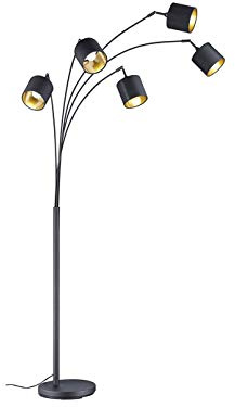 Moderna lámpara de pie LED de 5 focos, metal negro mate con pantallas de tela en negro interior dorado