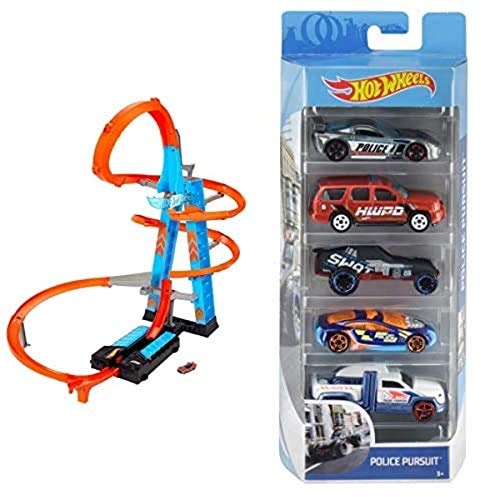 Hot Wheels Pista y Garaje para Coches de Juguetes, Regalo para niños y niñas +5 años + Pack de 5 vehículos, Coches de Juguete