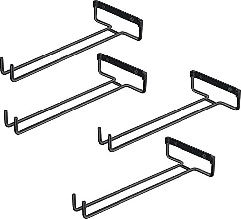 EACHPT 4PCS Wine Glass Holder Wrought Iron Wine Glasses Rack Under Cabinet Stemware for 4 Glasses Wine Glass Hanger Rack Wall-Mounted Wire Storage Hanger for Wine Cabinets Bars Kitchens (Black)