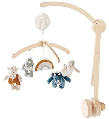 NOUKIE’S - Mobile musical en bois - Tiga, Stegi & Ops - Rotation automatique sans piles - Compatible avec berceau, lit à barreaux et parc - Idéal dès la naissance pour apaiser et endormir bébé