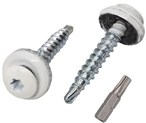 Marcopol 250 Stück Metall Dachdecker Torx Schrauben 4,8 x 35 mm Lackierte Bohrschrauben mit EPDM Unterlegscheiben Blechschraube 250 Reinweiß RAL 9010