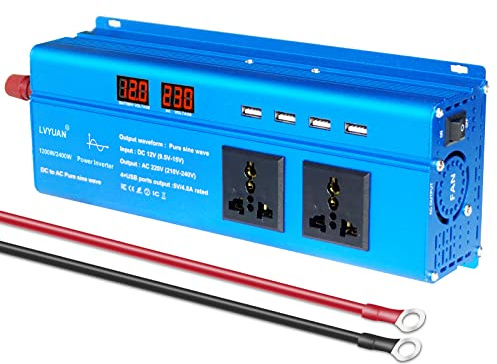 Cantonape Pure Sine Wave Power Inverter 1200W/2400W DC 12V to AC 230V 240V Car Converter with LCD Display, 2AC Outlets And 4 Usb Port for motorhomes, Truck, Boat, Camping, Household, Van