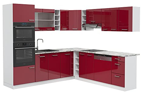 Vicco Eckküche R-Line, Rot Hochglanz/Weiß, 247 x 237 cm ohne Arbeitsplatte, für Flexible Anordnung und modulare Erweiterung