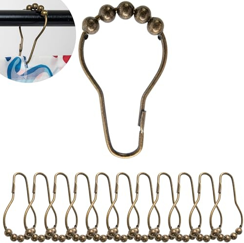 Duschdraperiringar, 12 stycken, i Bronsfärger, med kulglidningssystem, storlek 70 x 39 mm, ringar för duschdraperistänger, tillverkade av stål, krokar för duschdraperier, metallringar duschkrok badrum