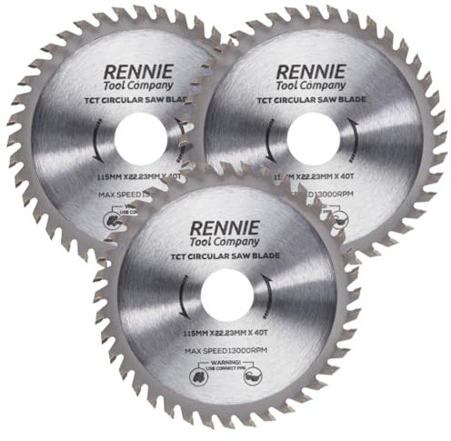 Rennie Tools - Pack Of 3 x 115mm Circular Saw Blade TCT Wood Cutter Blade. 40 Teeth (40T) Carbide Tipped Saws for Woodworking Wood Cutting 7/8 inch (22.23mm) Bore + 20mm and 16mm Reduction Rings.