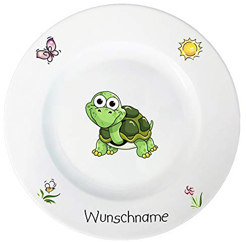 Doriantrade Speiseteller 27cm Kinderteller Teller Porzellan Schildkröte personalisierbar mit Wunschname Name Kindergeschirr mit Namen personalisiert