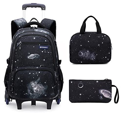 Mildame Galaxy Print Rolling Backpack for School Boys Girls with Lunch Bag Teens Bookbag with Wheels Kids Trolley Bag Set, Six Wheels