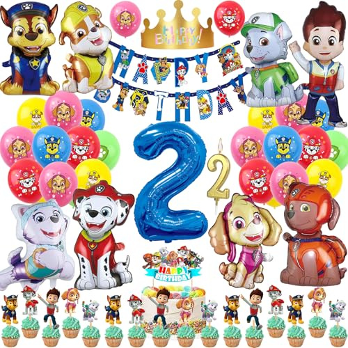 57 Stück Patrol Geburtstagsdeko Geburtstag Deko 2 Jahre Jungen Mädchen Party Deko Happy Birthday Decorations Folienballons, Latex Ballons, Tortendeko, Geburtstags Mützen (Zahl 2)