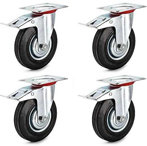 HD BRICO Set di 4 Ruote per carichi pesanti 125 mm(4 con freno) pivontanti per mobili 4 Ruote Carico 400 kg - Ruote girevoli per uso interno ed esterno - Rotelle girevoli con freno